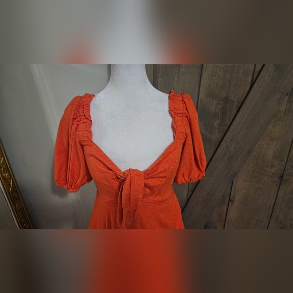 LUSH Orange/Red Linen Blend Front Tie Short Puff Sleeve Front Midi Dress.Size S - Picture 10 of 16